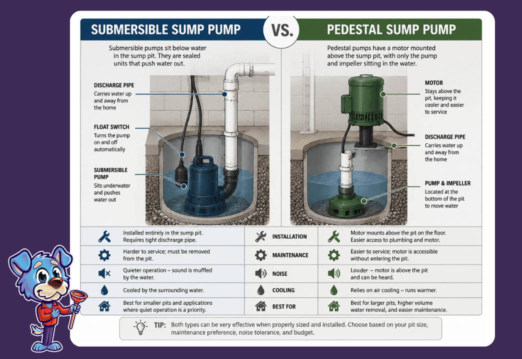 sump pump pedestal vs submersible infographic